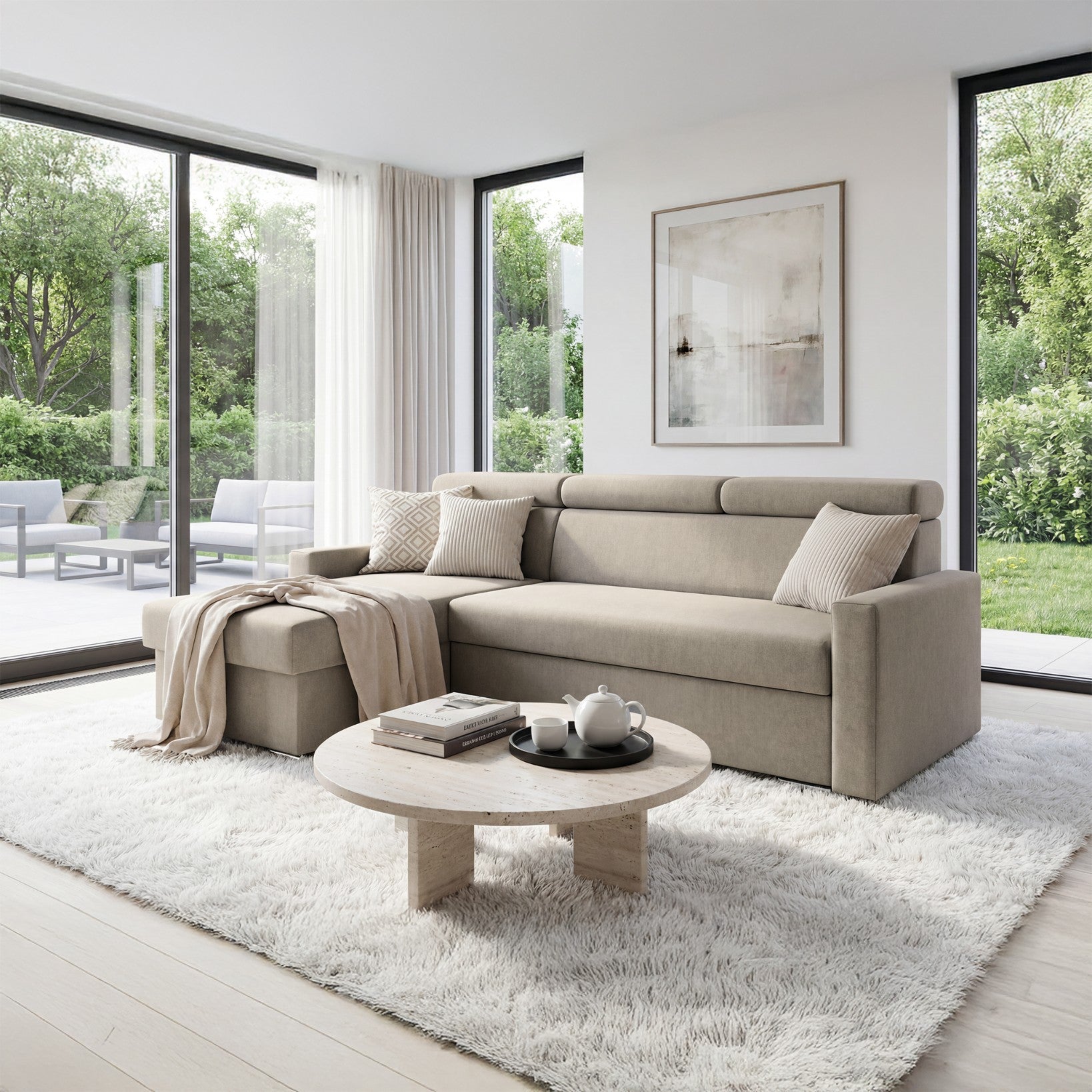 Ecksofa Vega L mit Schlaffunktion & Bettkasten – Samtstoff Best Beige– Zero-Wall Design Wandbündig – L-Form Sofa Freistehend