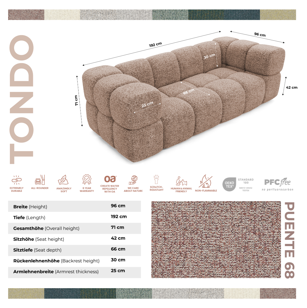 Design-Sofa 3-Sitzer TONDO PUENTE 68 – Strukturstoff in Bouclé-Optik – Wellenformiges Design – Puderrosa