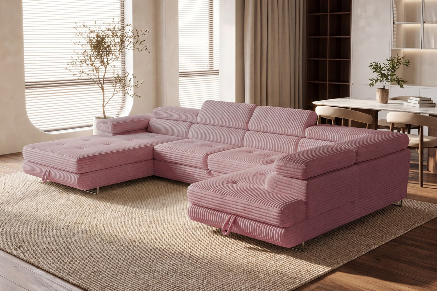 Wohnlandschaft Cordo U XXL U-Form Sofa mit Schlaffunktion & 2 Bettkästen – Breitcord Tilia Altrosa– Ottomane Rechts
