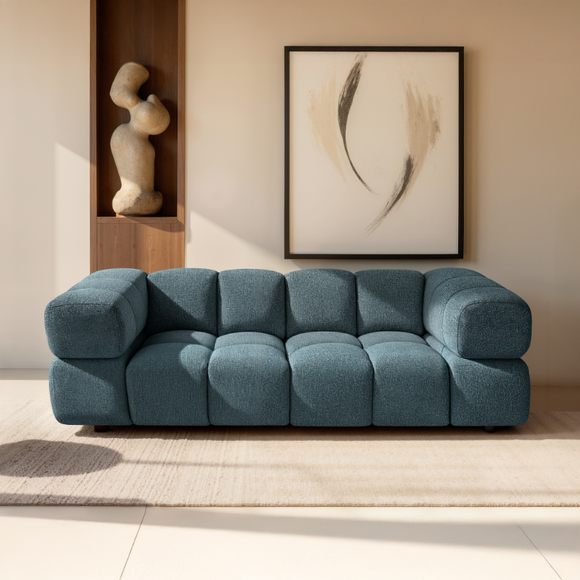 Design-Sofa 3-Sitzer TONDO PUENTE 39 – Strukturstoff in Bouclé-Optik – Wellenformiges Design – Dunkelblau