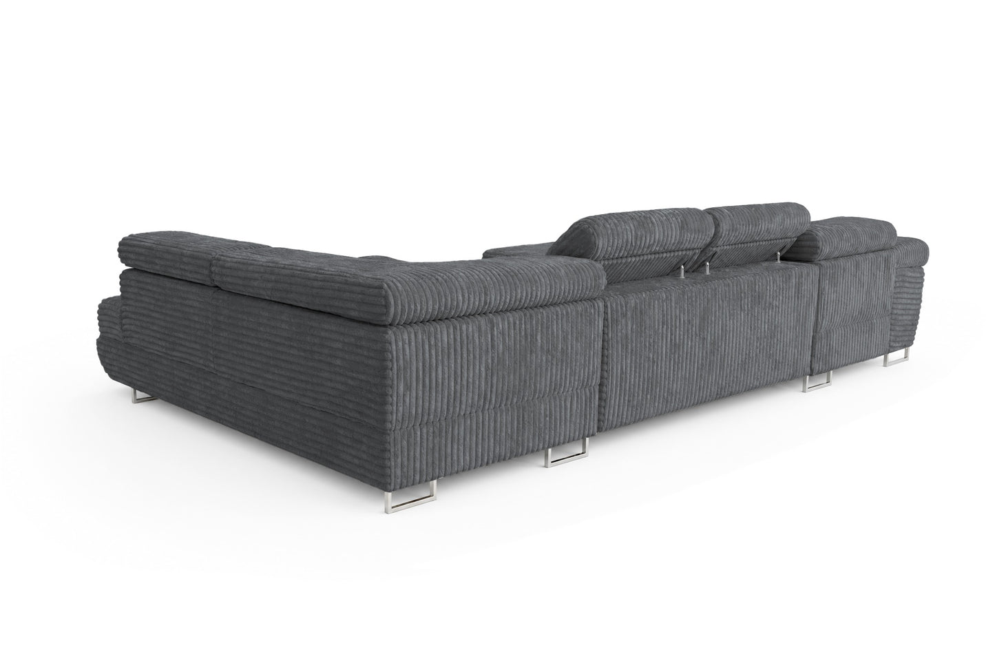 Wohnlandschaft Cordo U XXL U-Form Sofa mit Schlaffunktion & 2 Bettkästen – Breitcord Tilia Grau– Ottomane Links
