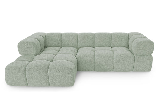 Ecksofa AVERRO 280x150 cm Puente 33 Salbeigrün Ottomane Links – Modernes Bubble-Sofa mit weichem Chenille-Strukturstoff