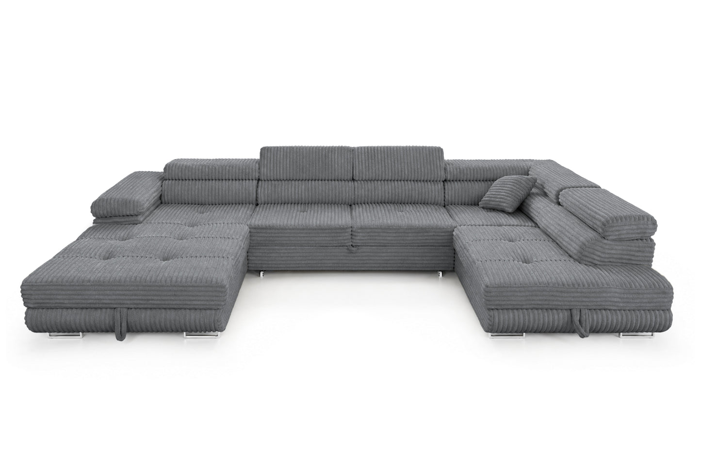 Wohnlandschaft Cordo U XXL U-Form Sofa mit Schlaffunktion & 2 Bettkästen – Breitcord Tilia Grau – Ottomane Rechts