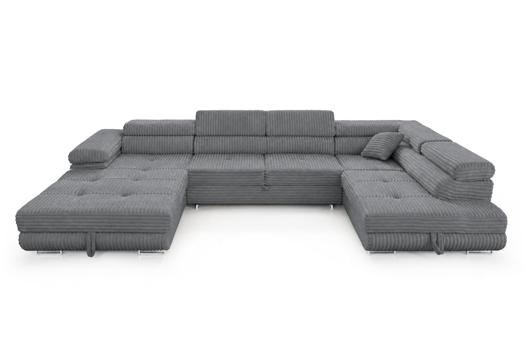 Wohnlandschaft Cordo U XXL U-Form Sofa mit Schlaffunktion & 2 Bettkästen – Breitcord Tilia Grau – Ottomane Rechts