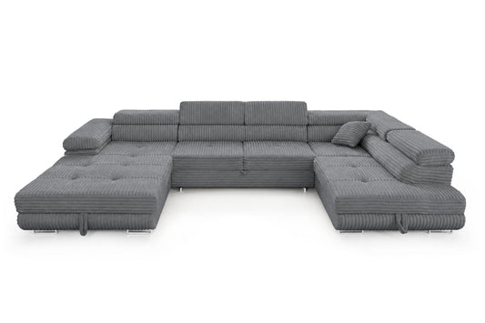 Wohnlandschaft Cordo U XXL U-Form Sofa mit Schlaffunktion & 2 Bettkästen – Breitcord Tilia Grau – Ottomane Rechts