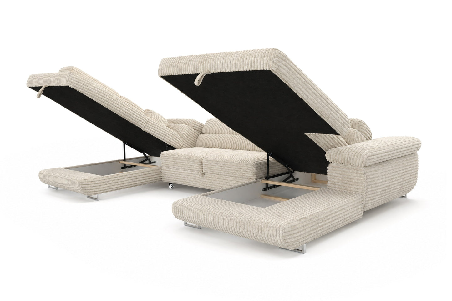 Wohnlandschaft Cordo U XXL U-förmiges Sofa mit Schlaffunktion & 2 Bettkästen – Breitcord Tilia Creme – Ottomane links