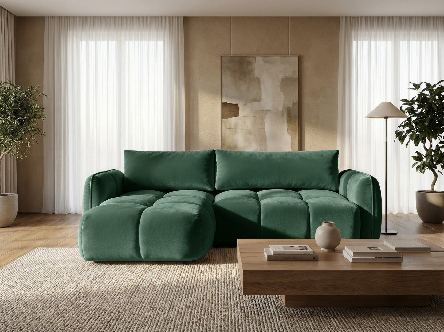 Ecksofa BELVEO mit Schlaffunktion und Bettkasten L-Form Ausrichtung links Stoff Bluvel 78 Grün