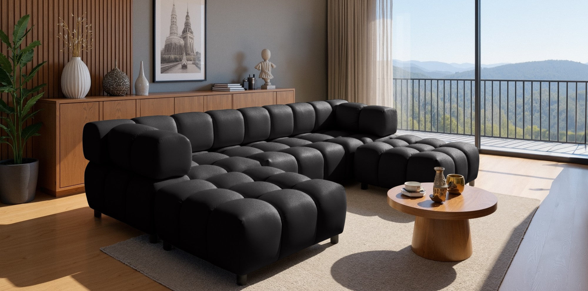 Exklusive Wohnlandschaft Tondo U 192x288 cm – Designer-Sofa Samt Bluvel 19 Schwarz – Modernes Bubble-Design & HR-Schaum Komfort