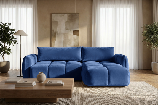 Ecksofa BELVEO mit Schlaffunktion und Bettkasten L-Form Ausrichtung Rechts Stoff Bluvel 86 Dunkelblau