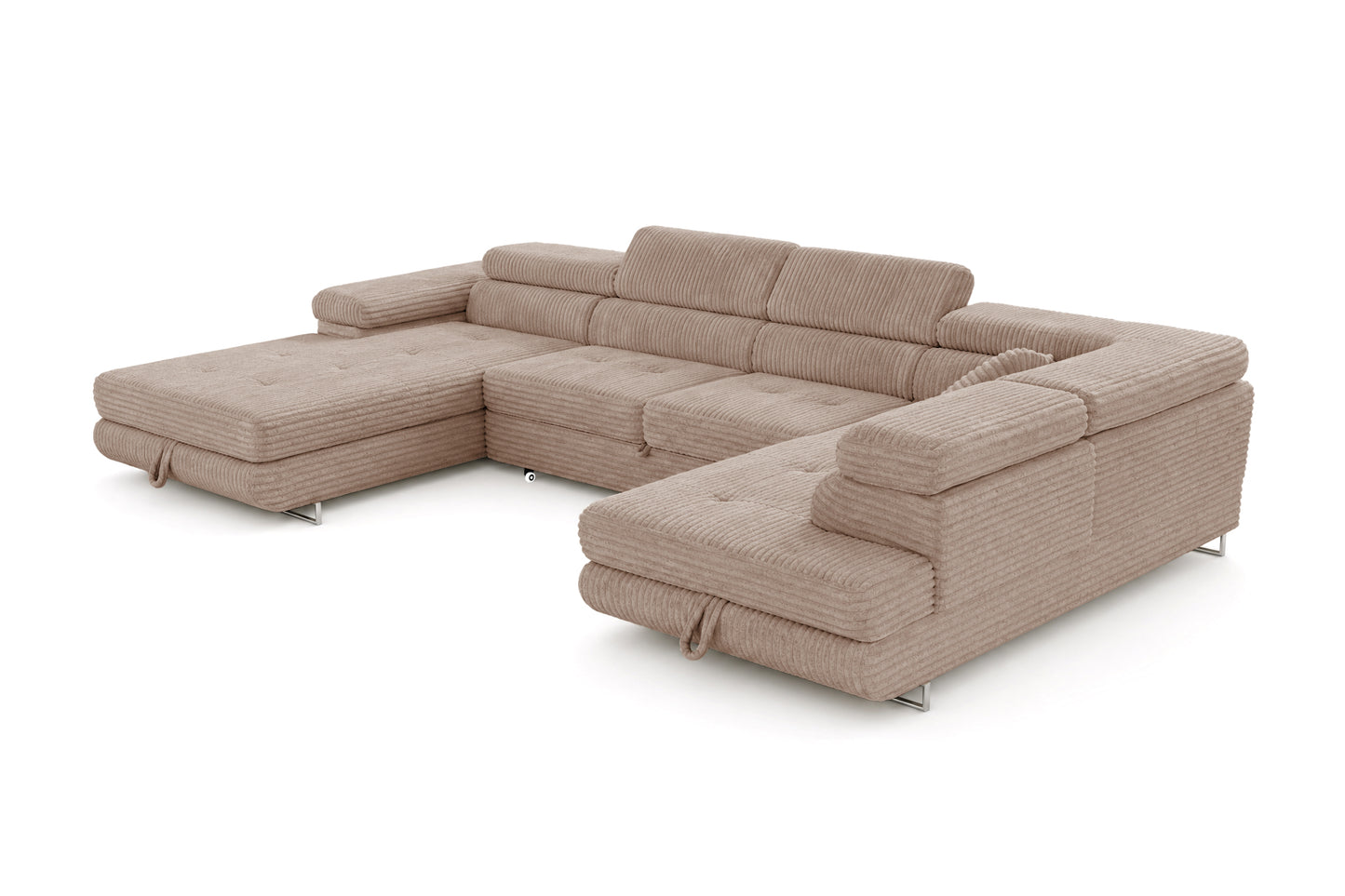 Wohnlandschaft Cordo U XXL U-Form Sofa mit Schlaffunktion & 2 Bettkästen – Breitcord Tilia Beige– Ottomane Rechts