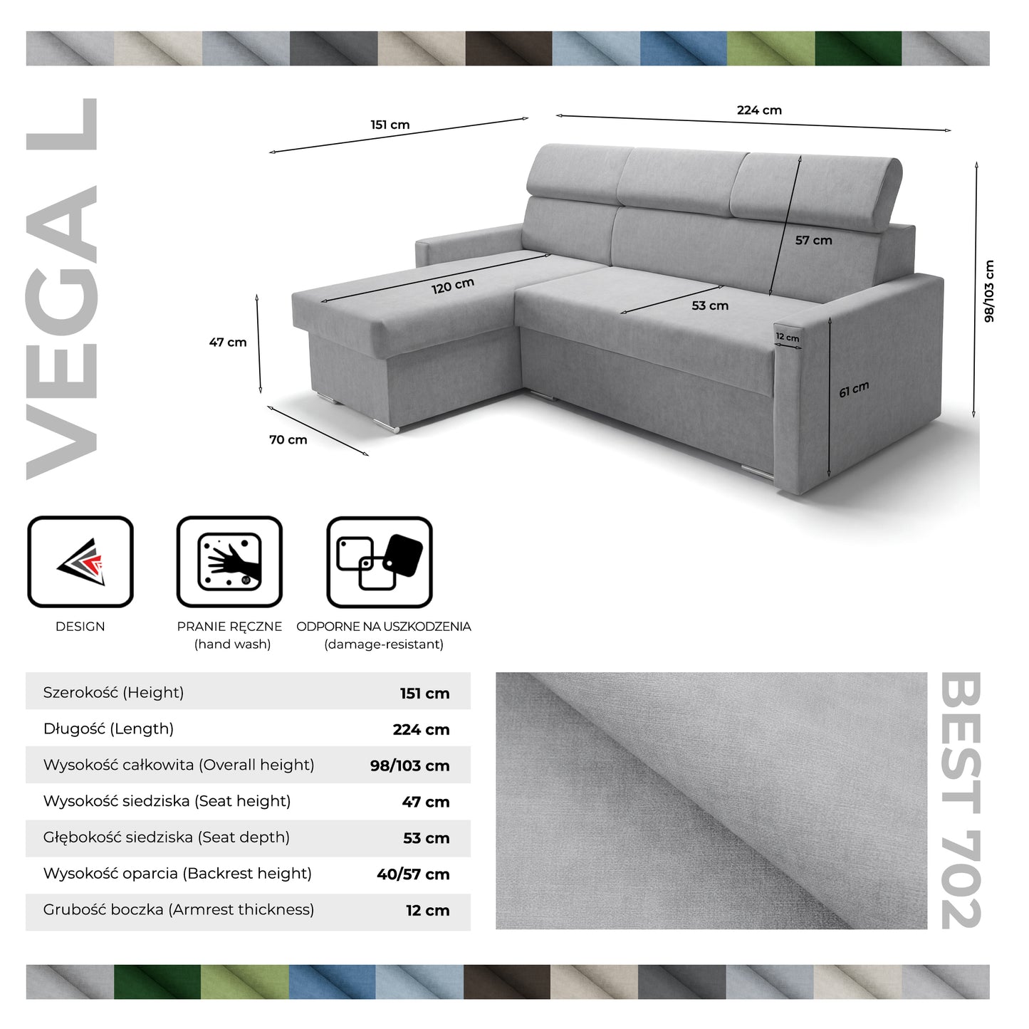 Ecksofa Vega L mit Schlaffunktion & Bettkasten – Samtstoff Best Hellgrau– Zero-Wall Design Wandbündig – L-Form Sofa Freistehend