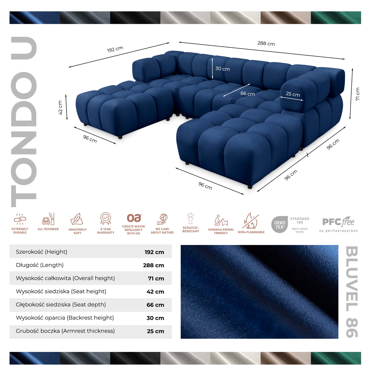 Exklusive Wohnlandschaft Tondo U 192x288 cm – Designer-Sofa Samt Bluvel 86 Dunkelblau – Modernes Bubble-Design & HR-Schaum Komfort