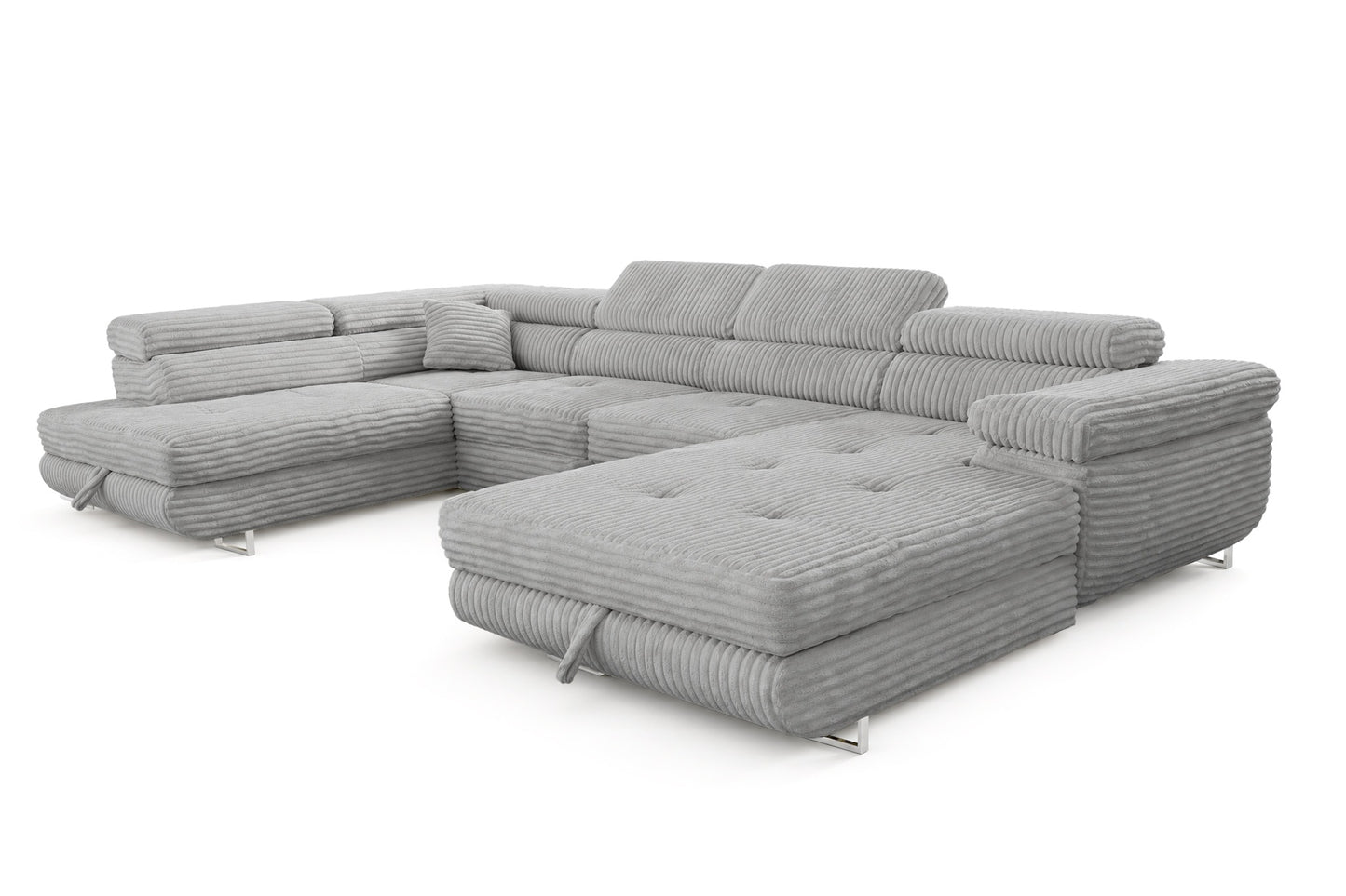 Wohnlandschaft Cordo U XXL U-Form Sofa mit Schlaffunktion & 2 Bettkästen – Breitcord Tilia Hellgrau – Ottomane Links