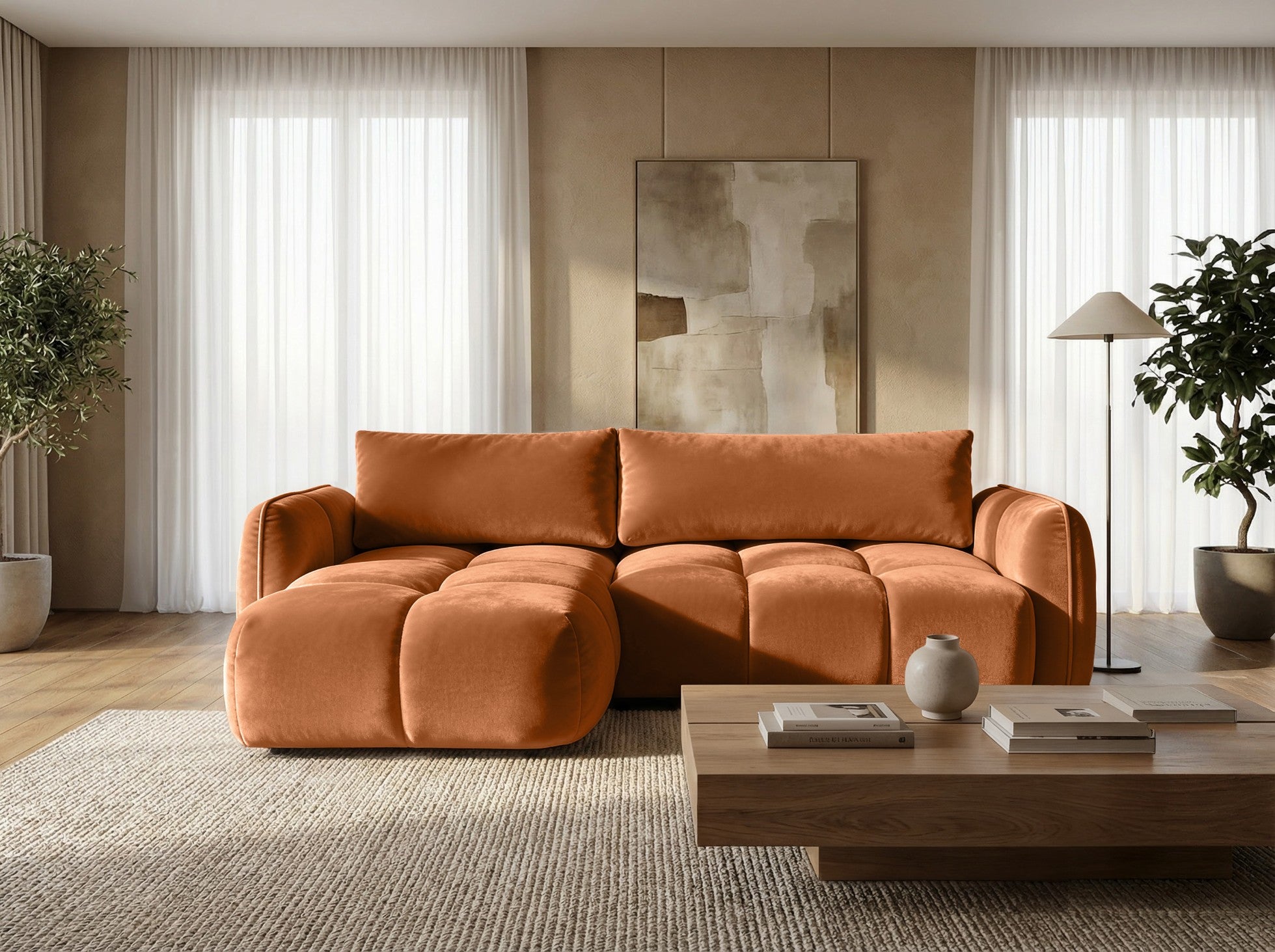 Ecksofa BELVEO mit Schlaffunktion und Bettkasten L-Form Ausrichtung Links Stoff Bluvel 4215 Rostbraun
