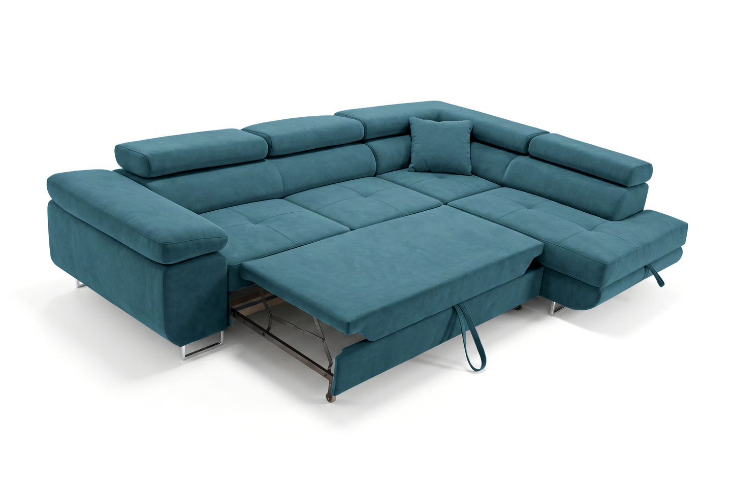 Ecksofa Luca L-Form Türkis Stoff Element 14 Rechte Ottomane mit Schlaffunktion & Bettkasten