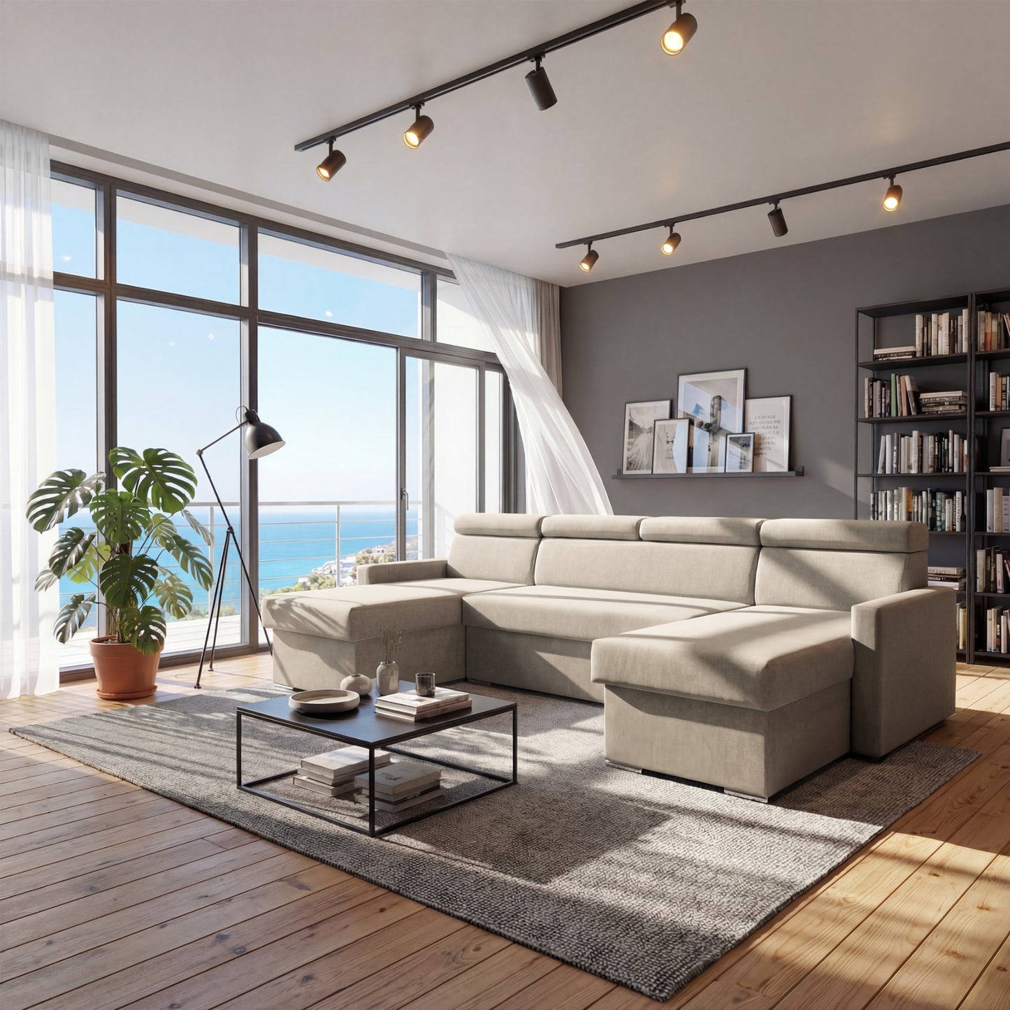 Vega U Wohnlandschaft mit Schlaffunktion und 2 Bettkästen Ecksofa in U-Form Verstellbare Kopfstützen Samtstoff Best 305x151 cm (Beige)