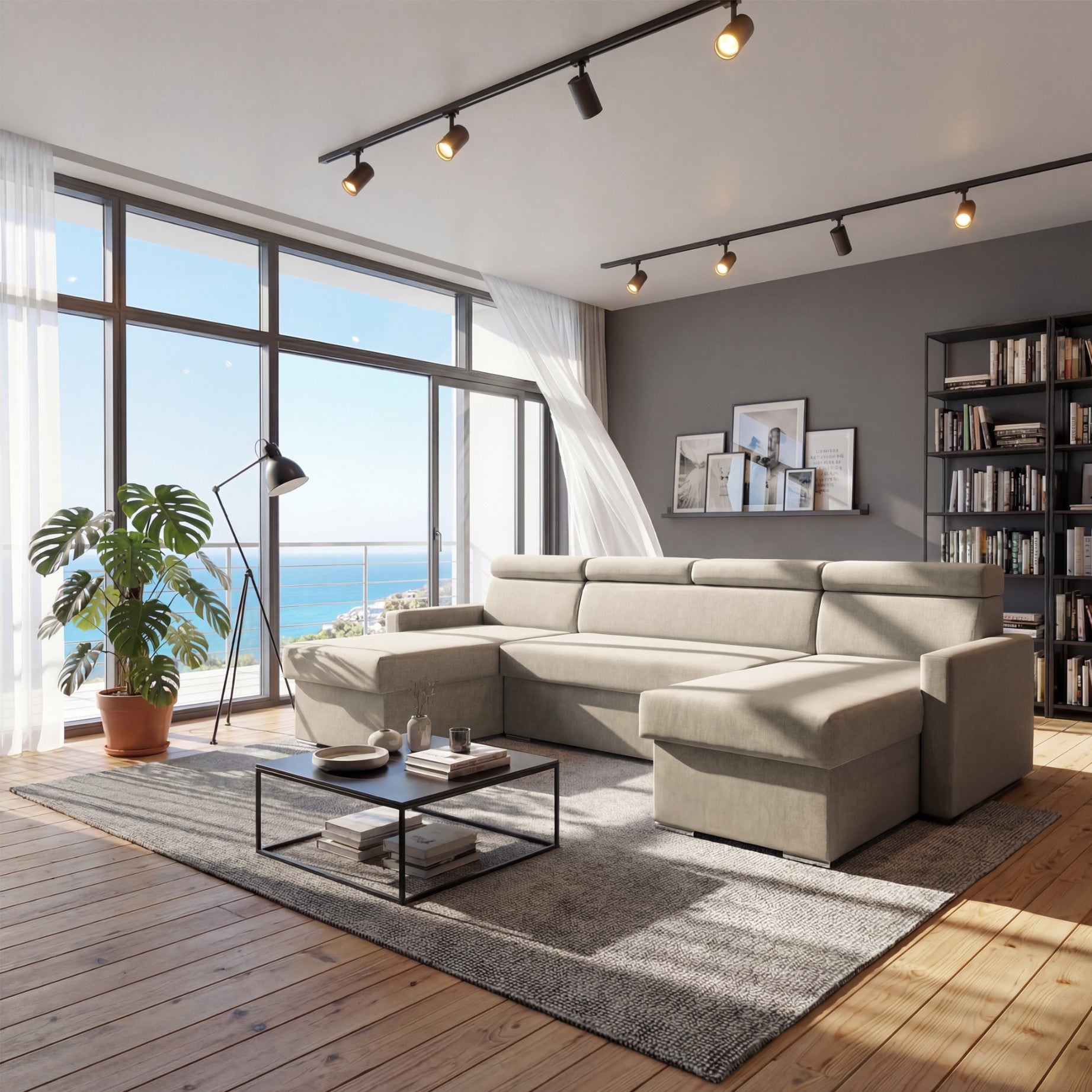 Vega U Wohnlandschaft mit Schlaffunktion und 2 Bettkästen Ecksofa in U-Form Verstellbare Kopfstützen Samtstoff Best 305x151 cm (Beige)