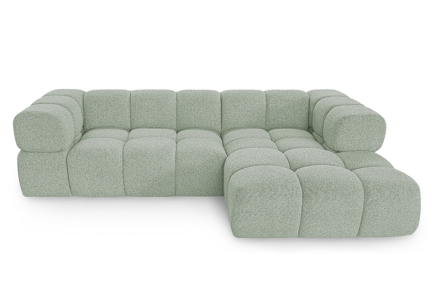 Ecksofa AVERRO 280x150 cm Puente 33 Salbeigrün Ottomane RECHTS – Modernes Bubble-Sofa mit weichem Chenille-Strukturstoff