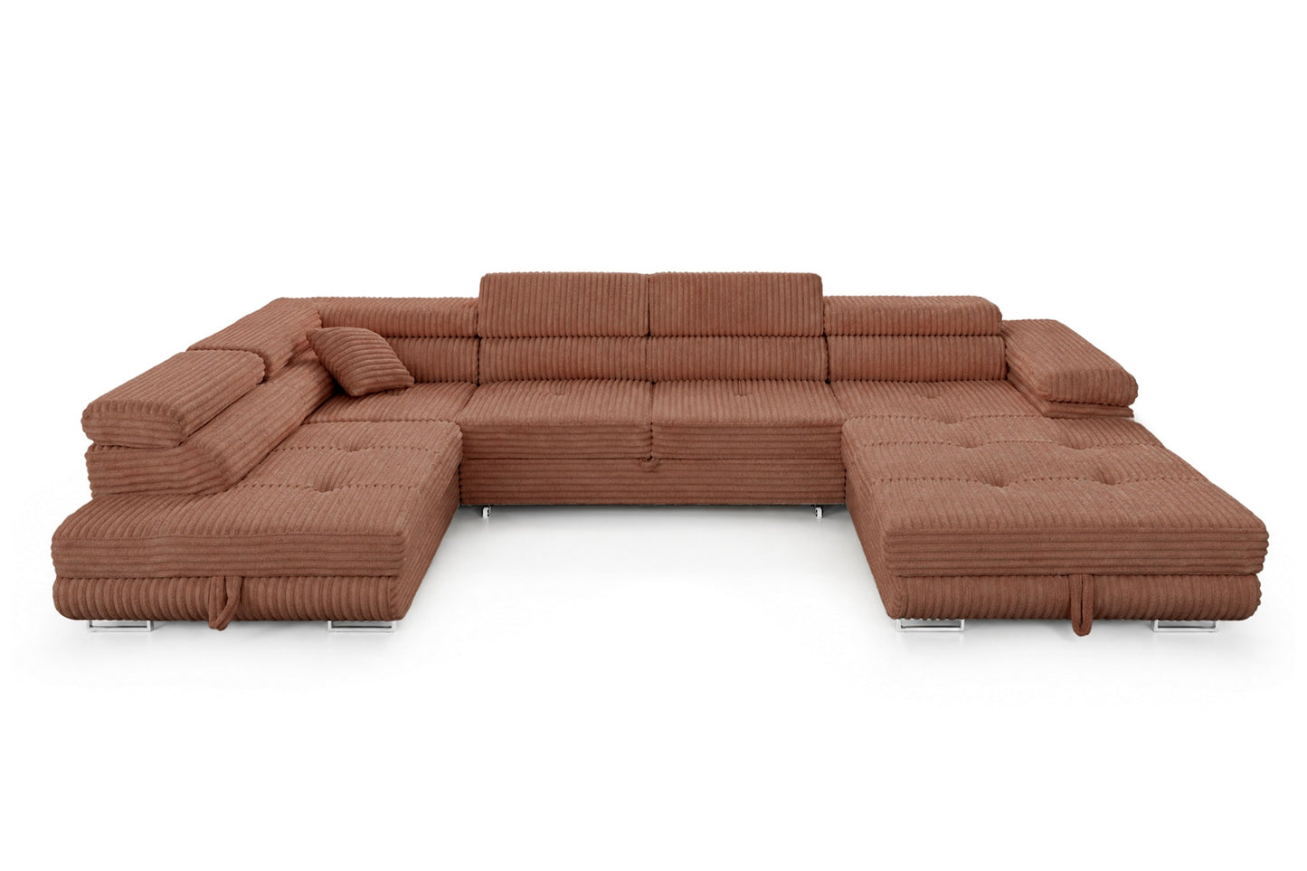 Wohnlandschaft Cordo U XXL U-förmiges Sofa mit Schlaffunktion & 2 Bettkästen – Breitcord Tilia Terrakotta – Ottomane Links