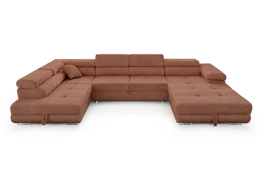 Wohnlandschaft Cordo U XXL U-förmiges Sofa mit Schlaffunktion & 2 Bettkästen – Breitcord Tilia Terrakotta – Ottomane Links