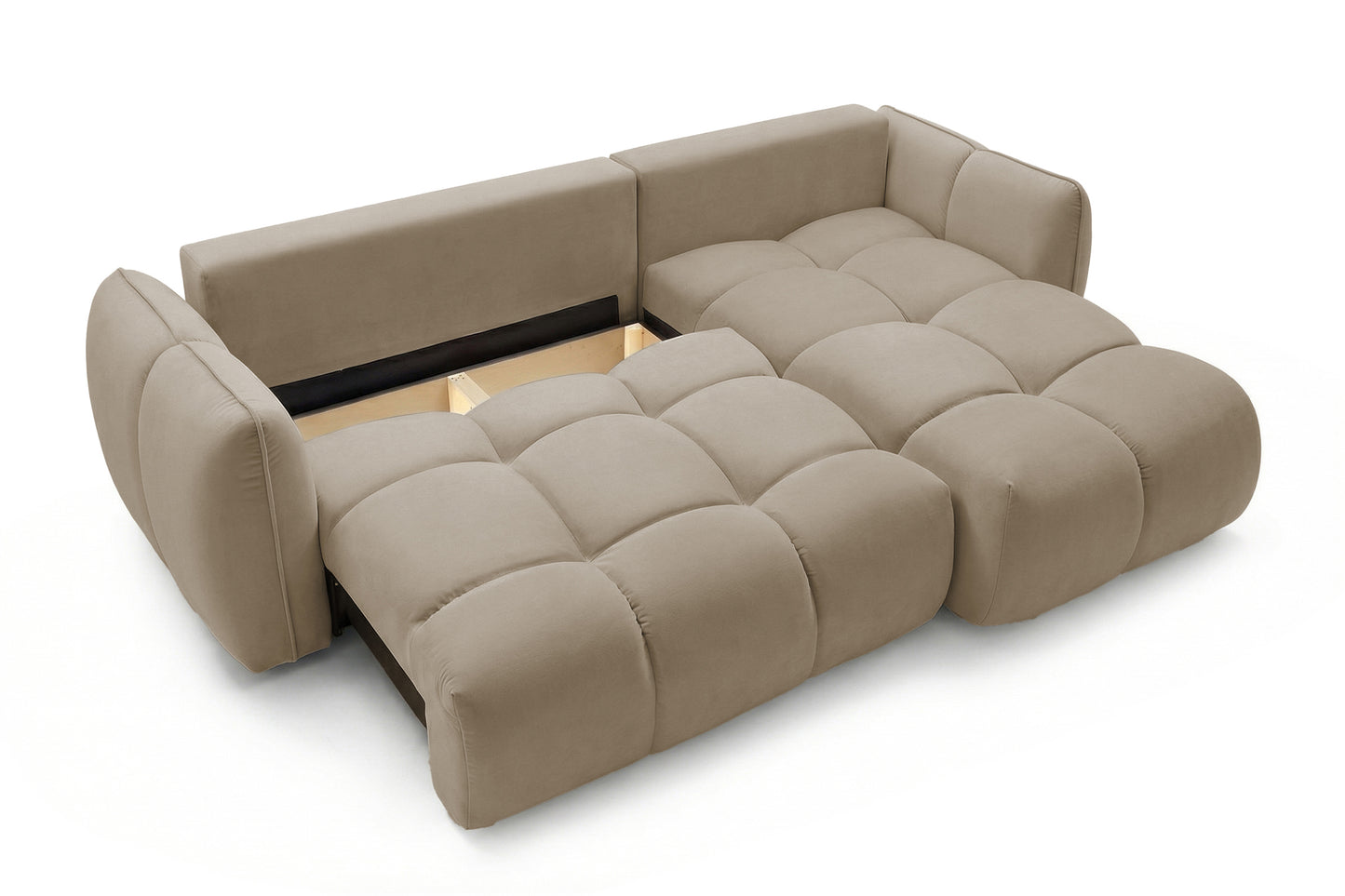 Ecksofa BELVEO mit Schlaffunktion und Bettkasten L-Form Ausrichtung Rechts Stoff Bluvel 28 Dunkelbeige