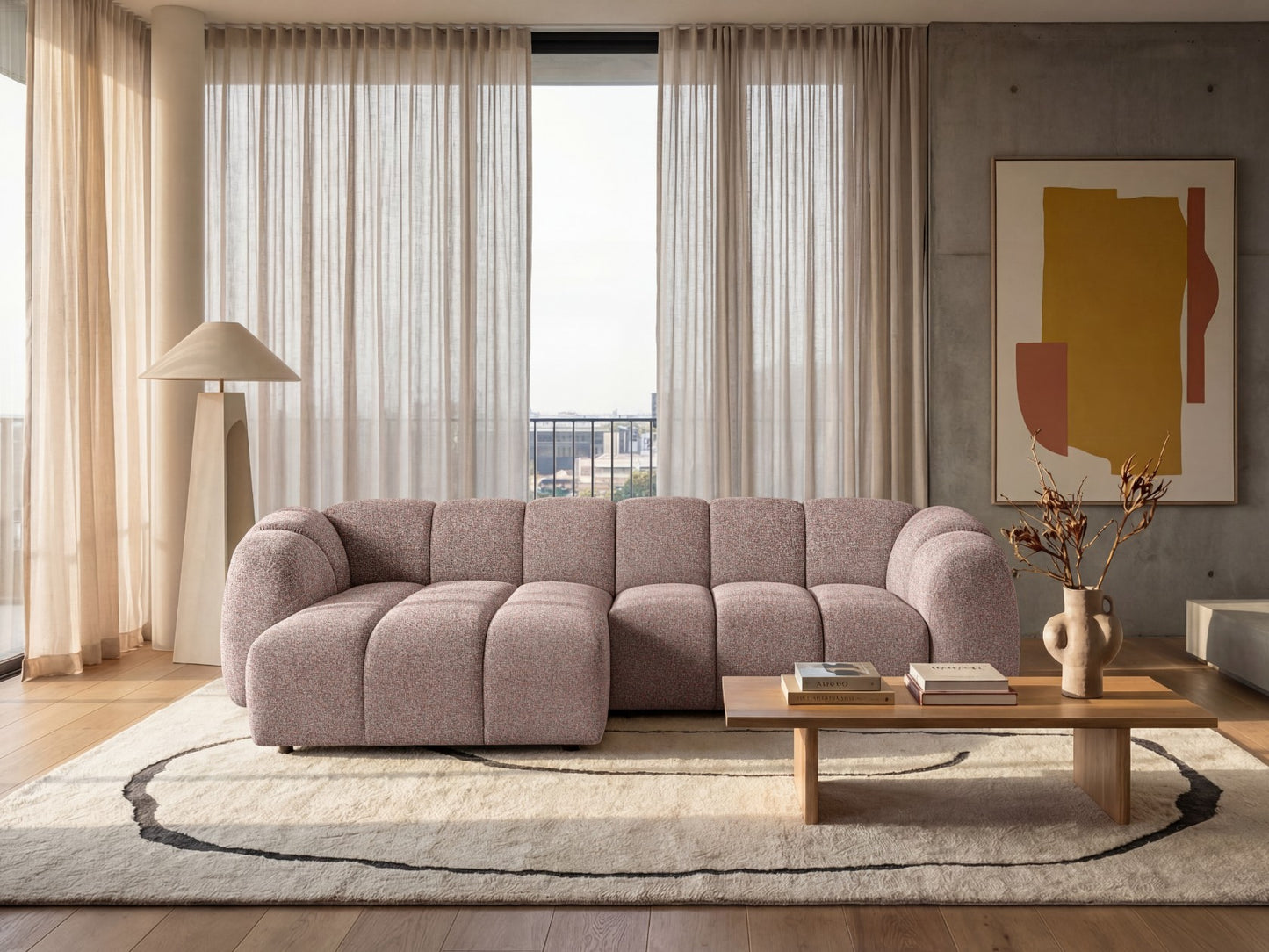 Mali Design Ecksofa 280x150 cm | L-förmiges Sofa aus hochwertigem Puente-Strukturstoff |68 Altrosa| Ottomane links
