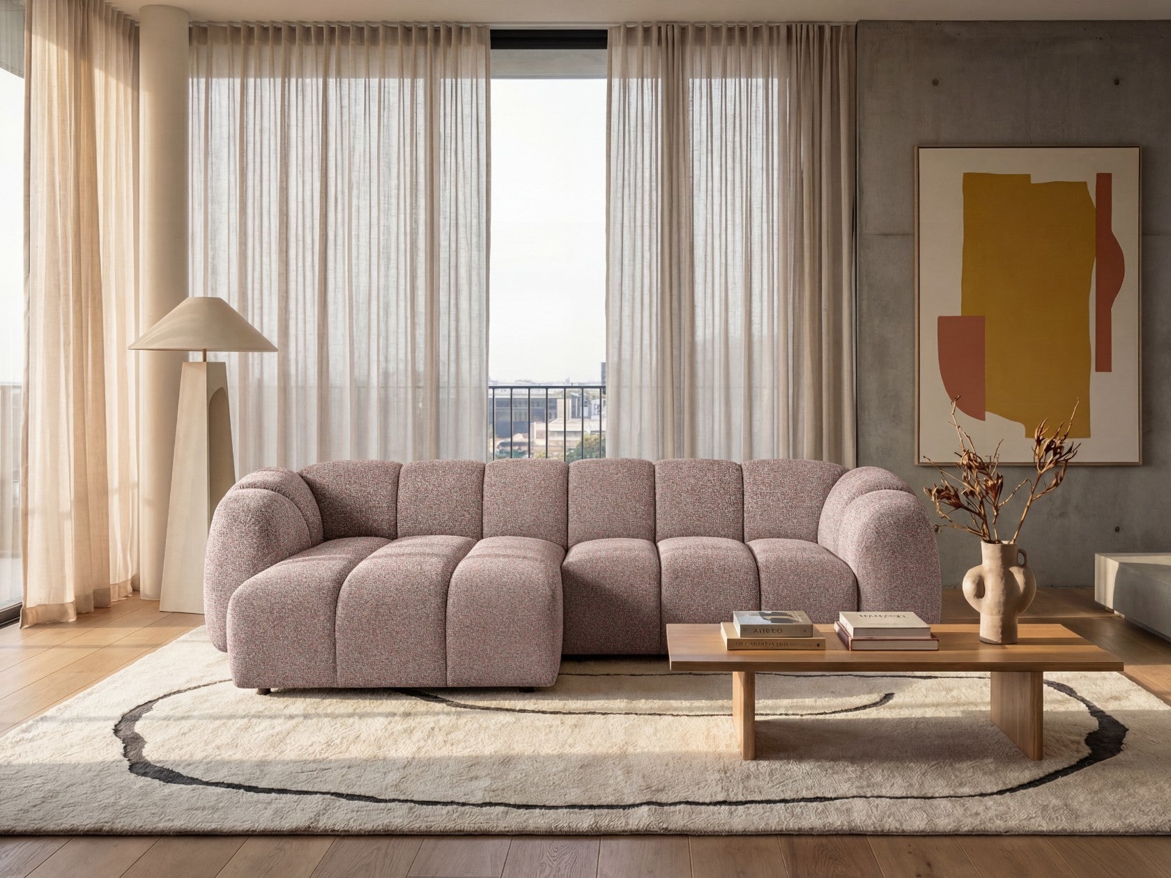Mali Design Ecksofa 280x150 cm | L-förmiges Sofa aus hochwertigem Puente-Strukturstoff |68 Altrosa| Ottomane links