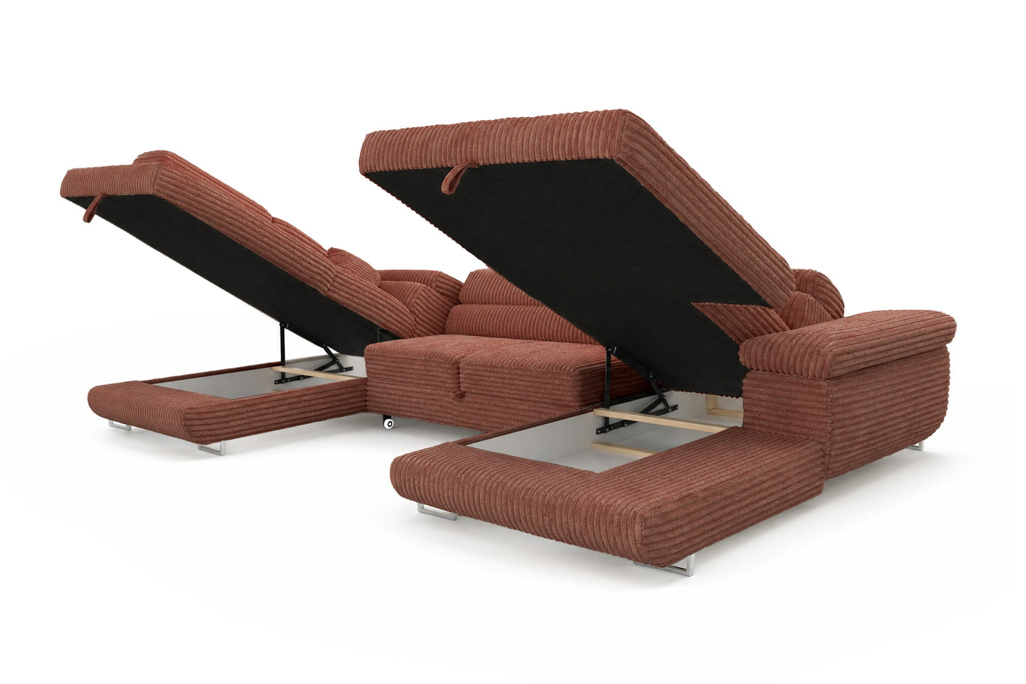 Wohnlandschaft Cordo U XXL U-förmiges Sofa mit Schlaffunktion & 2 Bettkästen – Breitcord Tilia Terrakotta – Ottomane Links