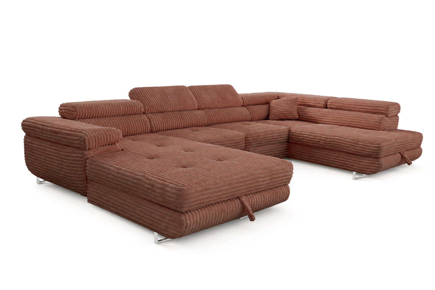 Wohnlandschaft Cordo U XXL U-Form Sofa mit Schlaffunktion & 2 Bettkästen – Breitcord Tilia Terrakotta – Ottomane rechts