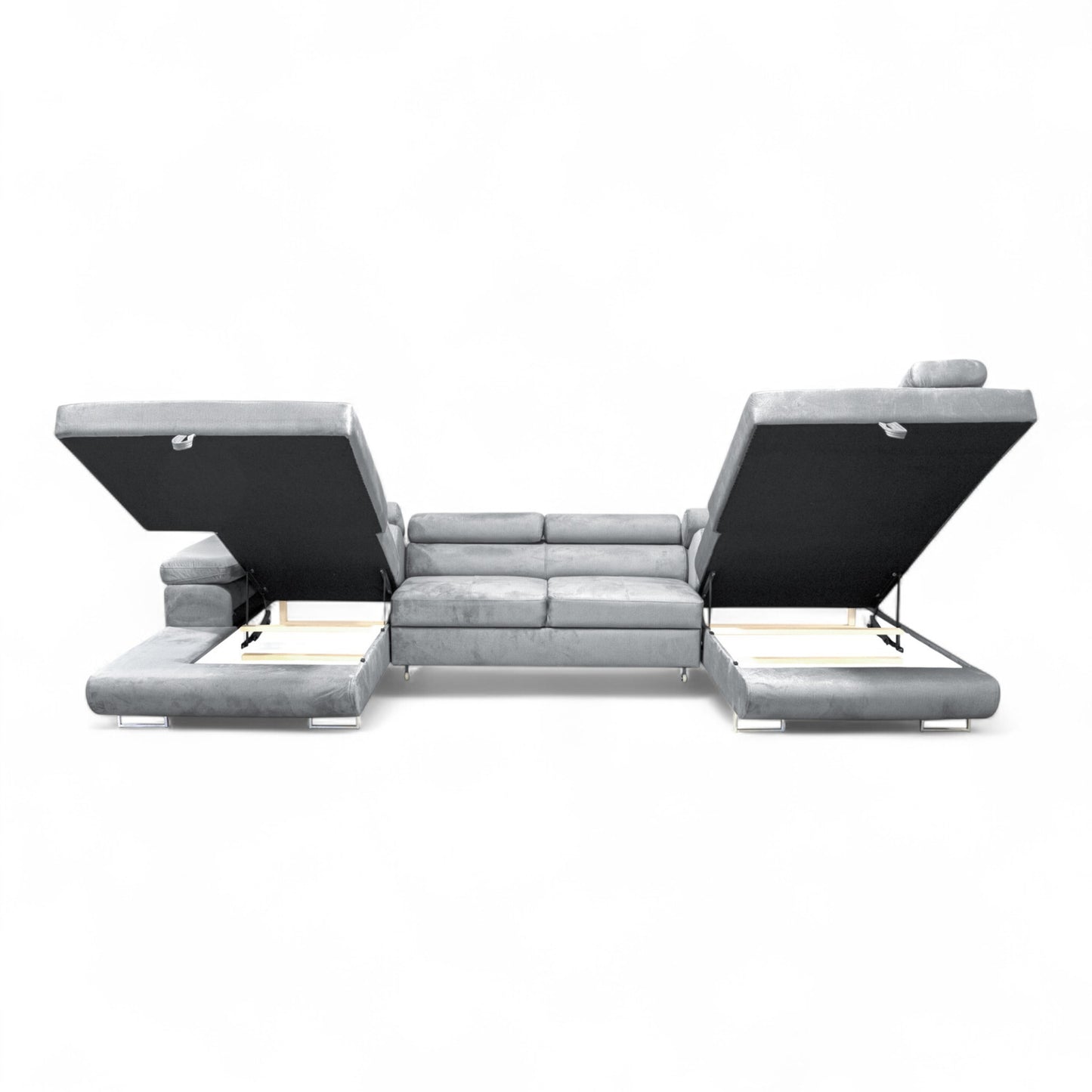 Sofiland Aller XXL U-förmiges Ecksofa rechts mit Schlaffunktion, Couchgarnitur mit 2 Bettkästen, Wohnzimmersofa Hellgrau MONOLITH 84, Sofa, Schlafsofa