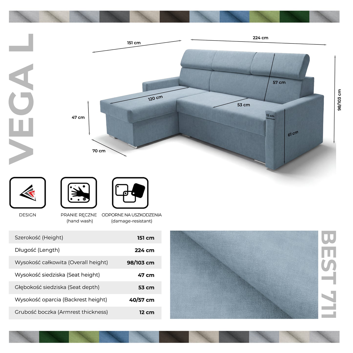 Ecksofa Vega L mit Schlaffunktion & Bettkasten – Samtstoff Best Himmelblau – Zero-Wall Design Wandbündig – L-Form Sofa Freistehend Himmelblau