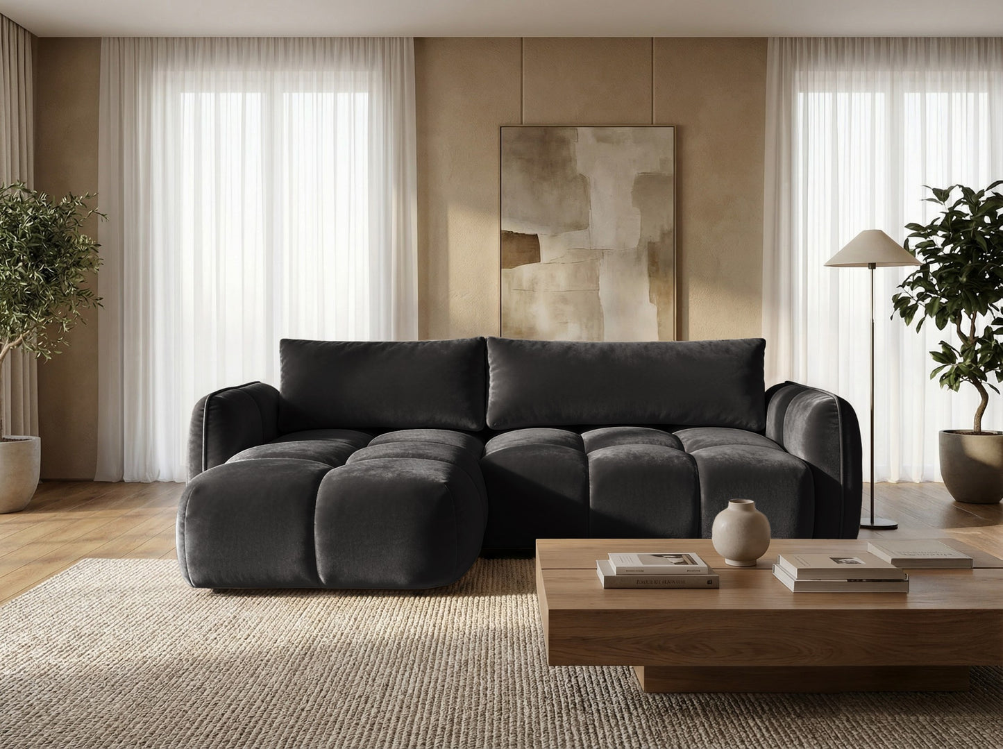 Ecksofa BELVEO mit Schlaffunktion und Bettkasten L-Form Ausrichtung Links Stoff Bluvel 19 Schwarz