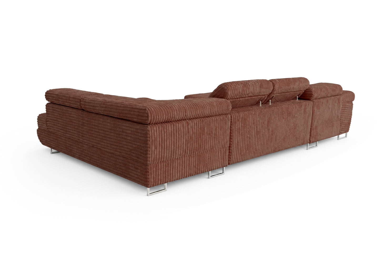 Wohnlandschaft Cordo U XXL U-Form Sofa mit Schlaffunktion & 2 Bettkästen – Breitcord Tilia Terrakotta – Ottomane rechts