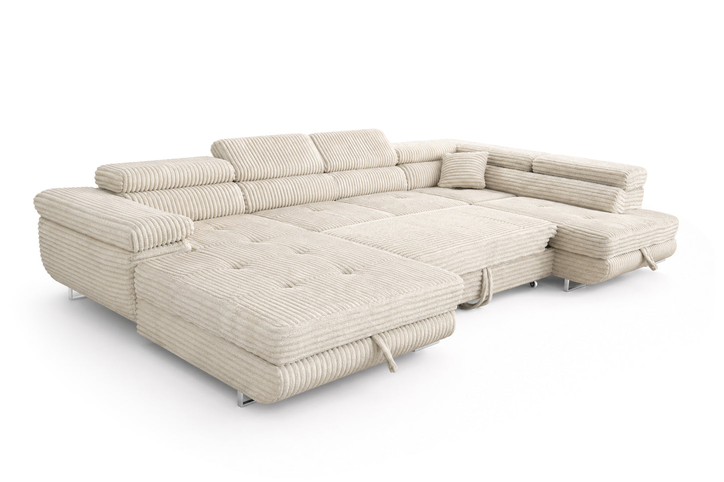 Wohnlandschaft Cordo U XXL U-Form Sofa mit Schlaffunktion & 2 Bettkästen – Breitcord Tilia Creme – Ottomane Rechts