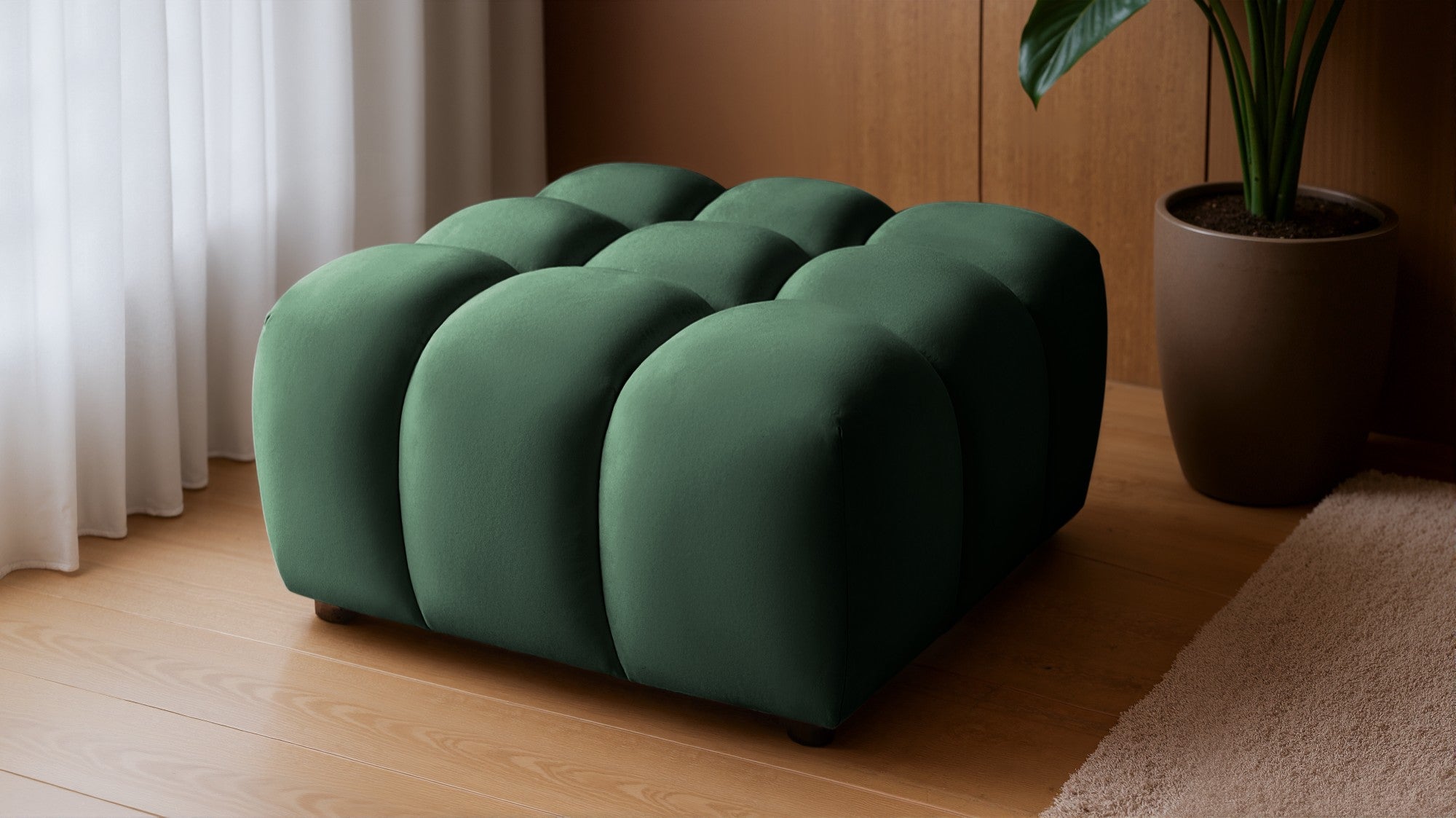 Design-Sitzpouf Tondo 96x96 cm – Luxushocker Samt Bluvel 78 Dunkelgrün – Moderner Bubble-Look – Premium Polsterhocker mit HR-Schaum