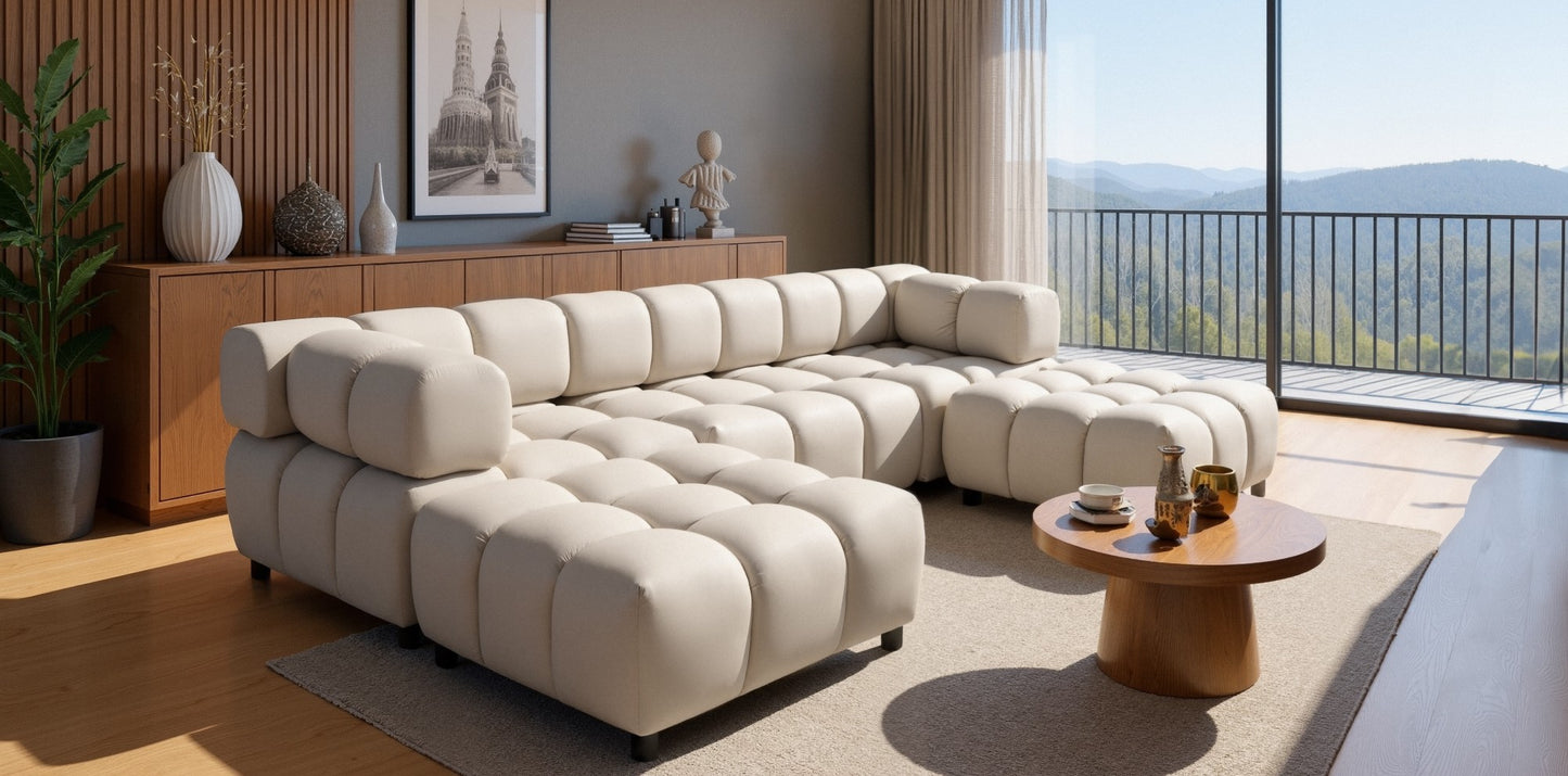 Exklusive Wohnlandschaft Tondo U 192x288 cm – Designer-Sofa Samt Bluvel 22 Beige – Modernes Bubble-Design & HR-Schaum Komfort