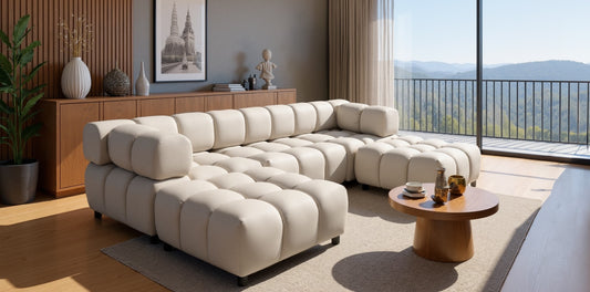 Exklusive Wohnlandschaft Tondo U 192x288 cm – Designer-Sofa Samt Bluvel 22 Beige – Modernes Bubble-Design & HR-Schaum Komfort