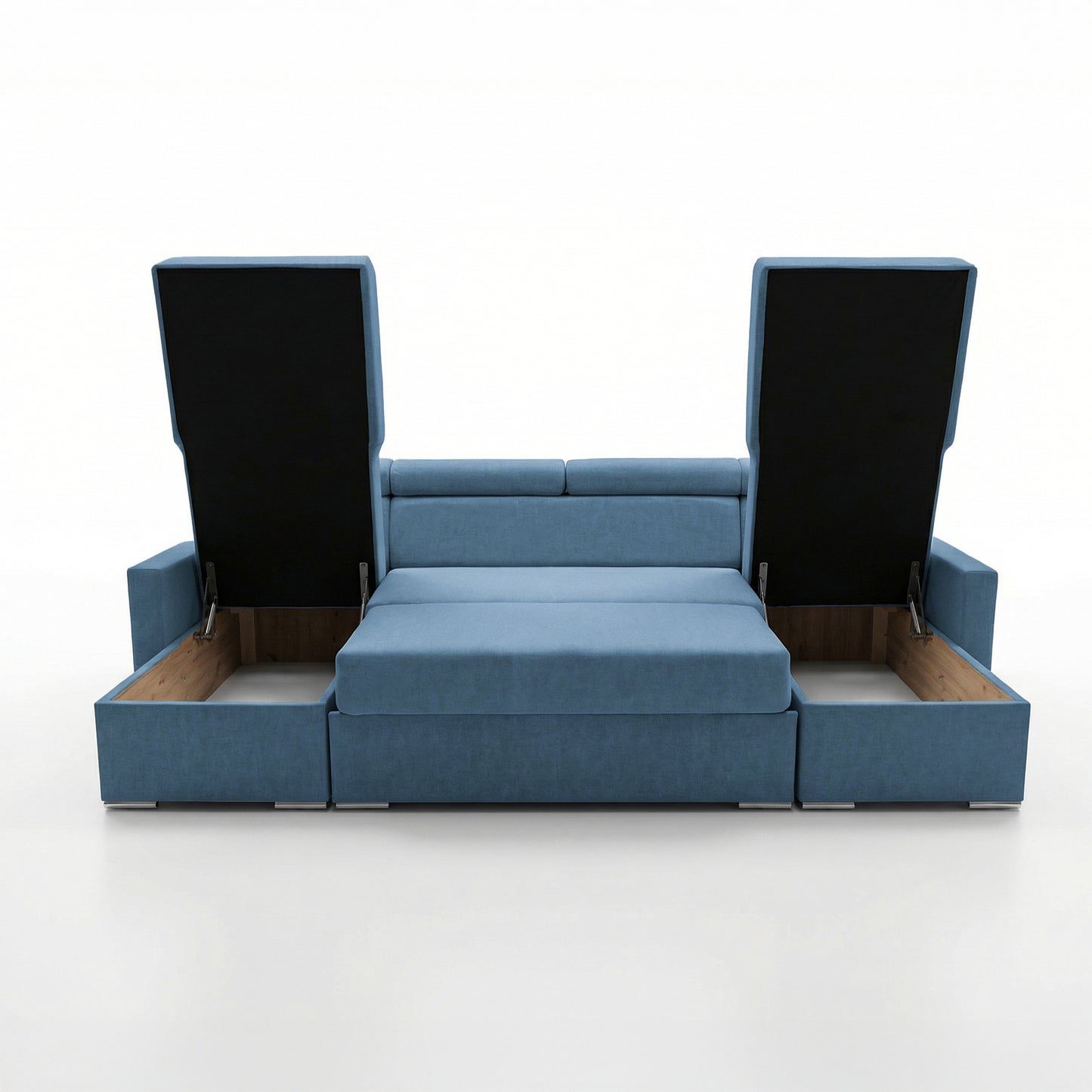Vega U Ecksofa nach Maß | Breite anpassbar | Schlaffunktion 2 Bettkasten U-Form verstellbare Kopfstützen Samt-Stoff Best 305x151 cm (Blau)