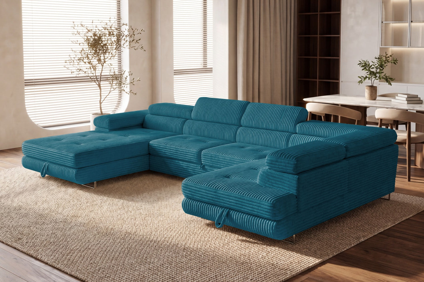 Wohnlandschaft Cordo U XXL U-Form Sofa mit Schlaffunktion & 2 Bettkästen – Breitcord Tilia Türkis – Ottomane Rechts