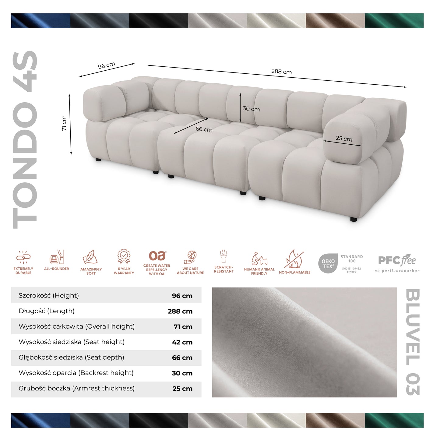Tondo 4S Design Sofa Modulares Bubble Couch 4-Sitzer Samt Bluvel 03 Hellgrau