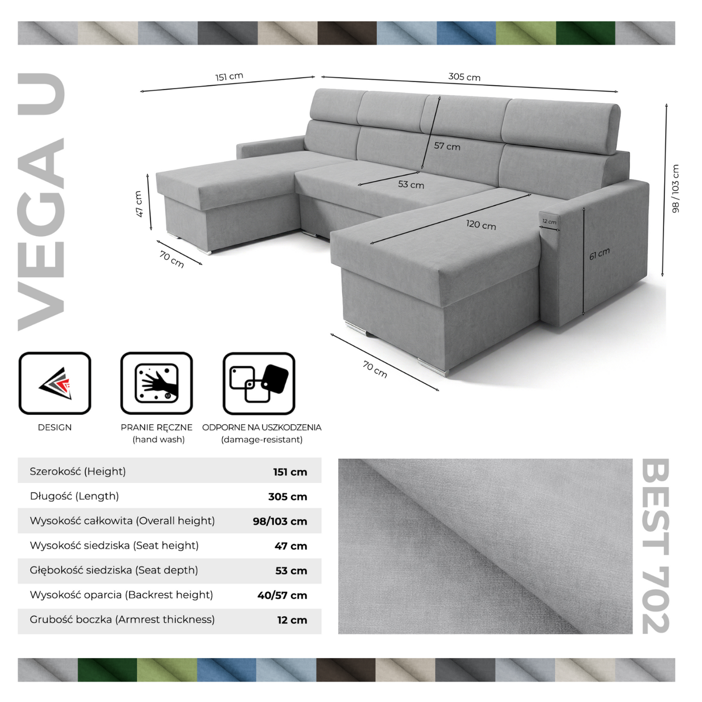 Vega U Wohnlandschaft mit Schlaffunktion und 2 Bettkasten Ecksofa in U-Form Verstellbare Kopfstützen Samt-Stoff Best 305x151 cm (Hellgrau)