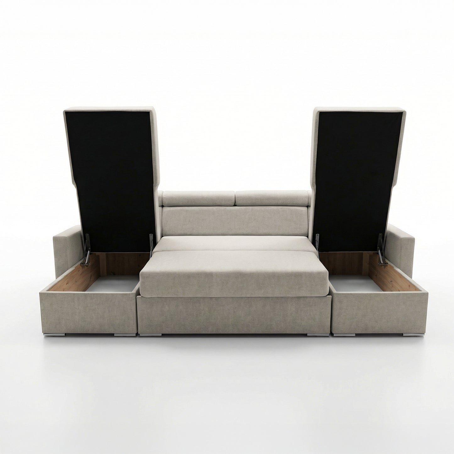 Vega U Wohnlandschaft mit Schlaffunktion und 2 Bettkästen Ecksofa in U-Form Verstellbare Kopfstützen Samt-Stoff Best 305x151 cm (Hellbeige)