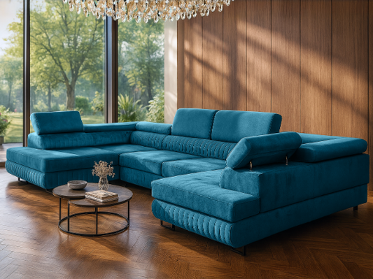 Großes U-förmiges Schlafsofa mit Bettkasten und Agmamito Element Bezug, Türkis Magnum U Sofiland