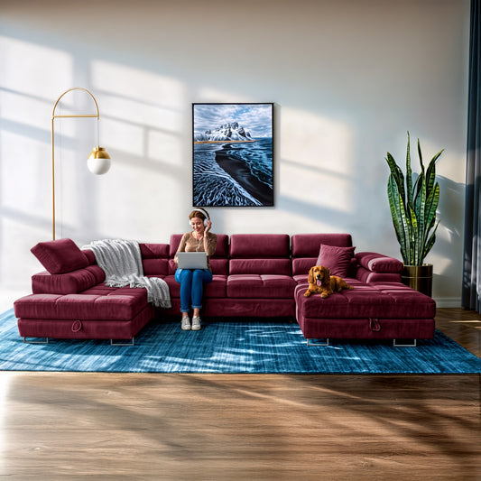 Wohnlandschaft Aller U Monolith XXL-Ecksofa mit Schlaffunktion und zwei Bettkästen in Rot, linke Seite