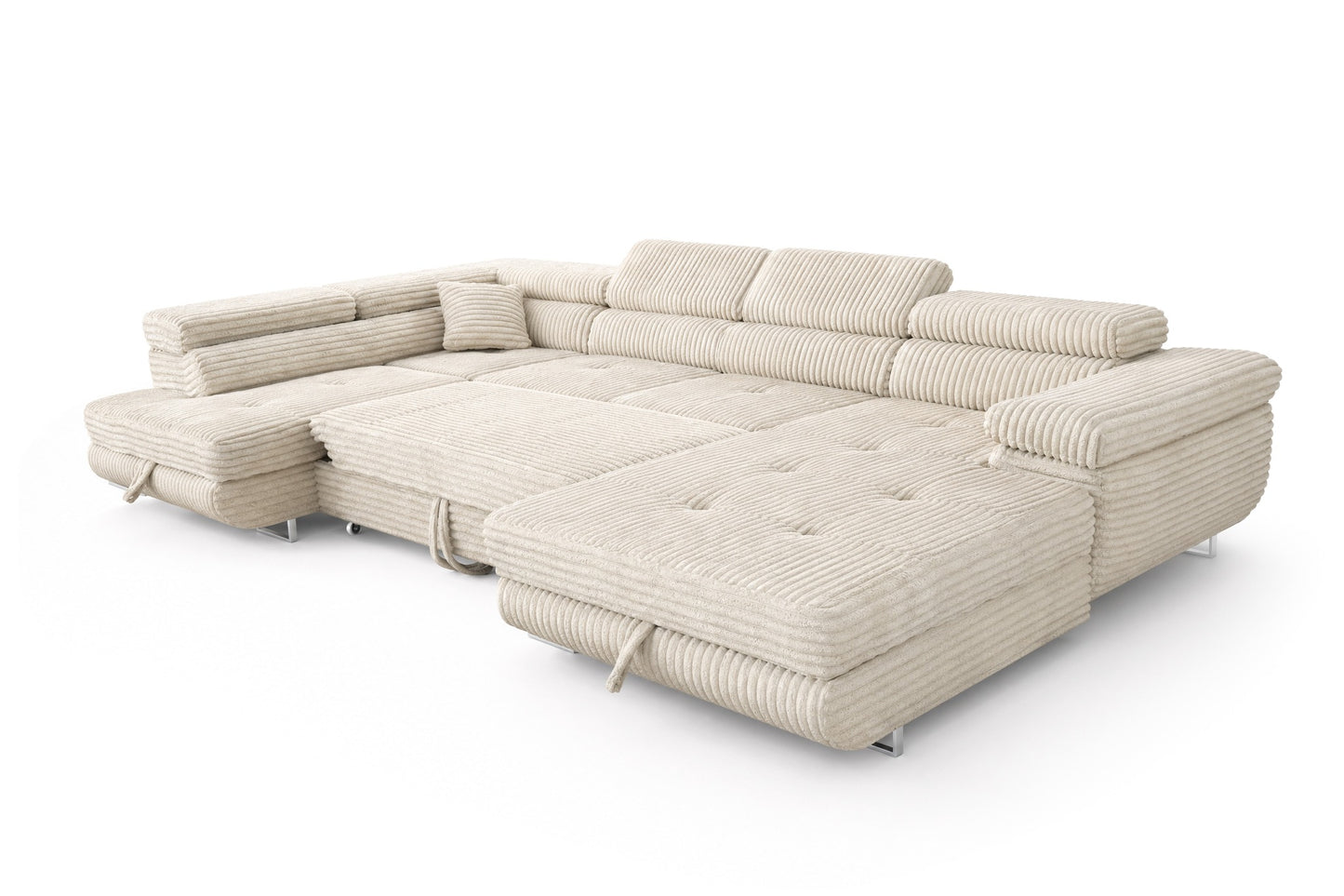 Wohnlandschaft Cordo U XXL U-förmiges Sofa mit Schlaffunktion & 2 Bettkästen – Breitcord Tilia Creme – Ottomane links